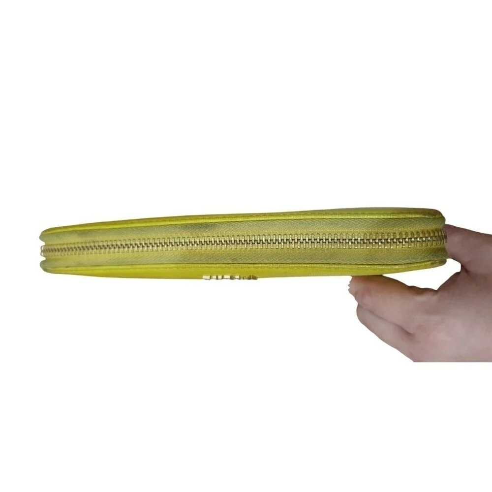 Authentic FURLA Round Zipper Long Wallet Wristie Neon Yellow Pebbled Leather